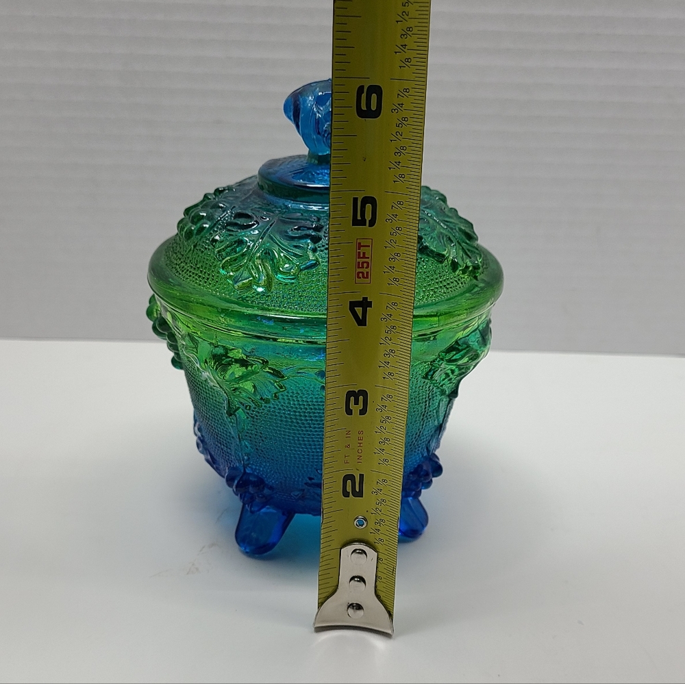 Vintage Jeanette blue/green footed grape leaf glass candy dish w/ lid Capote - Picture 16 of 16